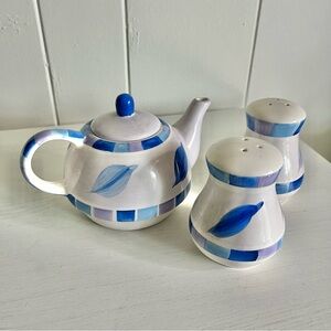 Blue and White Ceramic Teapot + Salt and Pepper Set